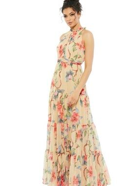 NWT Ieena Mac Duggal Floral Tiered Halter Maxi Dress in Cream 2